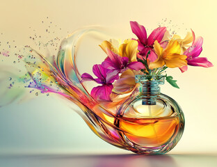 A glass perfume bottle with the top of it turning into an elegant, colorful flower in motion