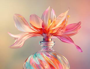 A glass perfume bottle with the top of it turning into an elegant, colorful flower in motion