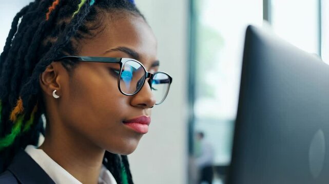 Young African American woman with multi colored dread locks in front of laptop monitor in office. Her focused gaze reveals the passion she has for her office responsibilities.