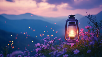 A glowing lantern stands in the foreground, surrounded by purple flowers and fireflies against a backdrop of mountains at dusk