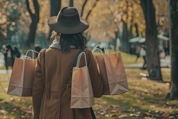 High Definition Picture of Incognito Woman Holding Several Paper Bags Walking Outdoors in the Park