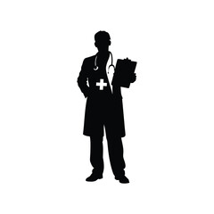 Silhouette of a doctor standing with a clipboard ready to assist patients
