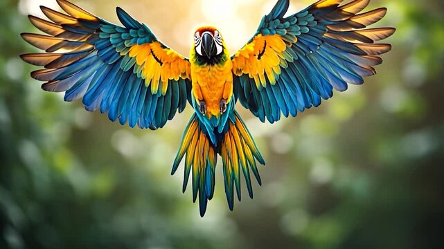 A vibrant blue and yellow macaw soars against a soft-focus green bokeh background. The bird's wings are fully extended, showcasing its vivid plumage in a dynamic, eye-level shot
