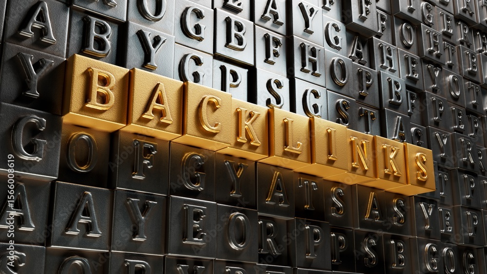 Poster backlinks - conceptual text with movable type printing.3d rendering on gold background.