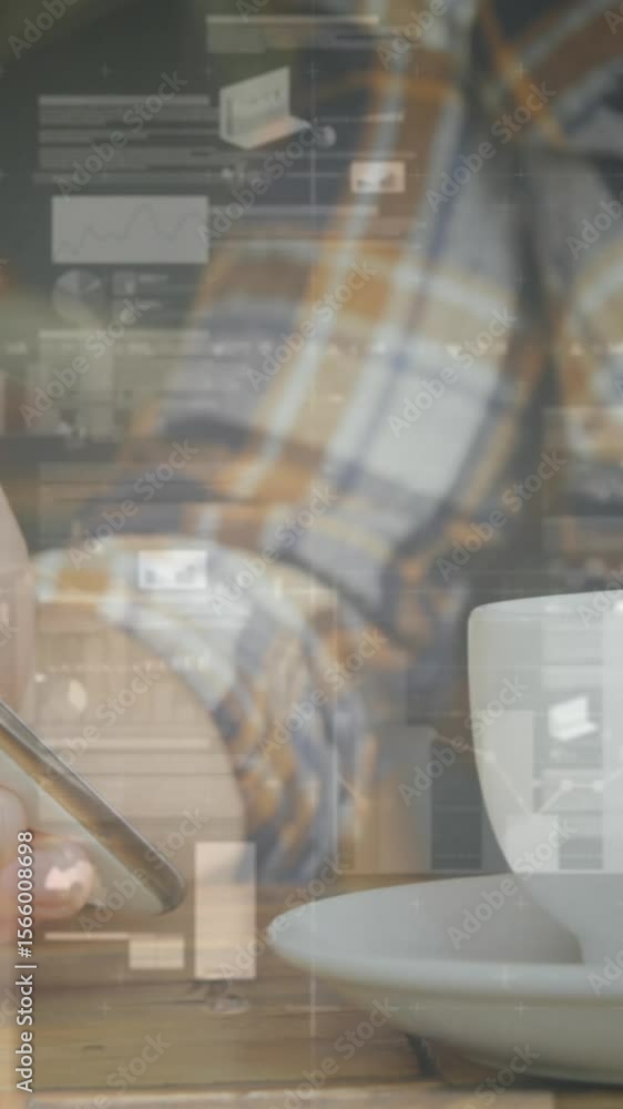Poster animation of statistics and data processing over man using smartphone