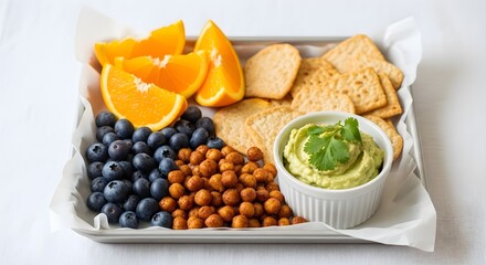 Healthy Snack Platter: Avocado Dip, Roasted Chickpeas, Blueberries, Oranges & Crackers