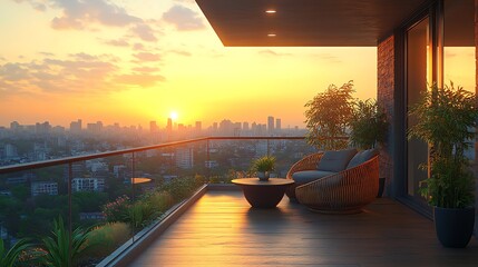 Sunset balcony view over cityscape