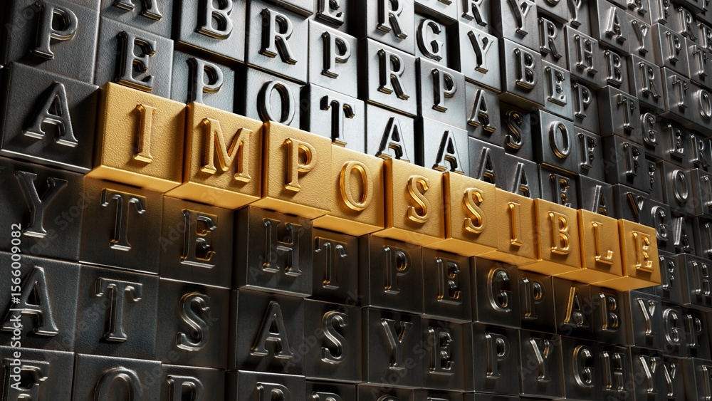 Poster impossible.movable type printing spelling.flat lay view from above on gold background with movable t