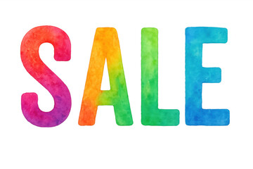 Watercolor letters spelling sale with vibrant hues, floating on transparent backdrop, ideal for marketing graphic design needs