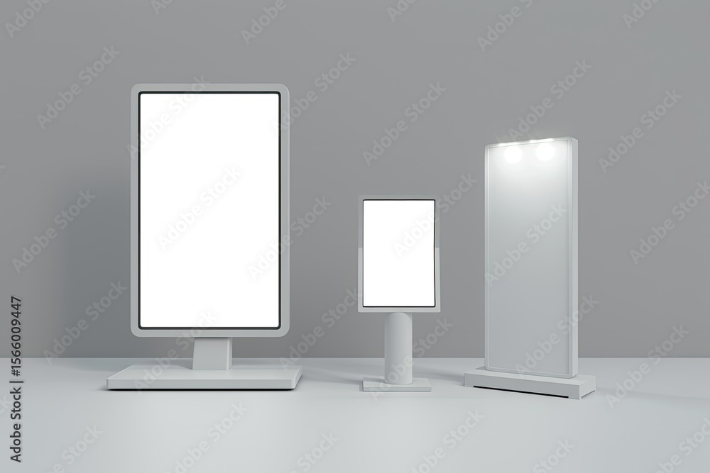 Poster lcd display stand and magazine rack blank lcd trade show booth 3d render isolated on white