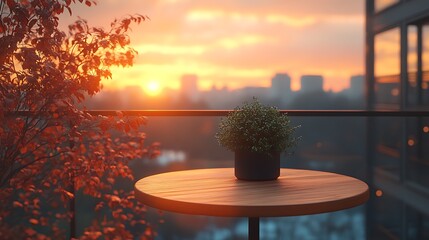 Sunset balcony table with city view