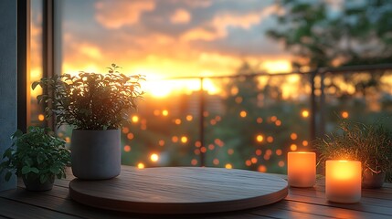 Wooden platter by window at sunset