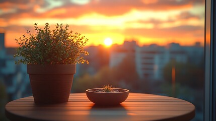 Sunset view from indoor window table with plants
