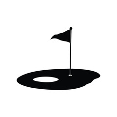 Black and white illustration of a golf hole with a flag