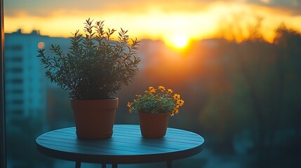 Sunset view through window with plants