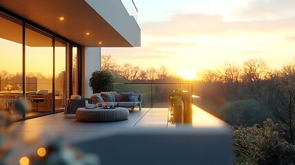 Modern home exterior patio sunset view