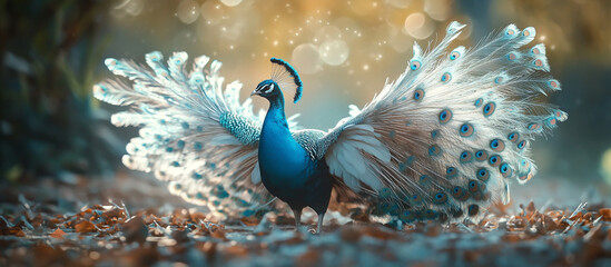 A peacock with spread wings, feathers in shades of blue and white, standing on the ground