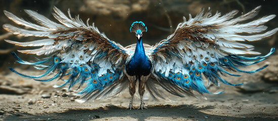 A peacock with spread wings, feathers in shades of blue and white, standing on the ground