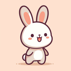 Adorable cartoon bunny with pink cheeks big eyes and a cute tail on a peach background