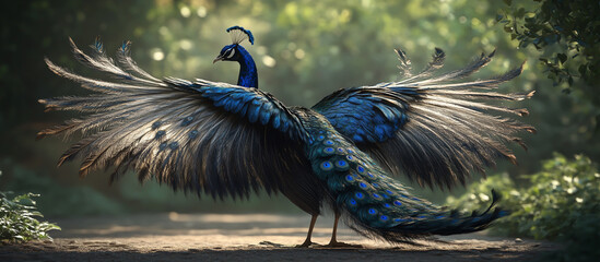A peacock with spread wings, feathers in shades of blue and white, standing on the ground