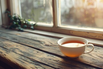 High Definition Visual of a Cup of Tea Sits on a Wooden Table Next to a Potted Plant