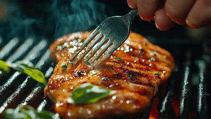 A person is grilling and holding the fork to cut into half of an whole chicken on top grill, there's some green leaves in it. The meat has been seared with golden-brown fat lines and glaze