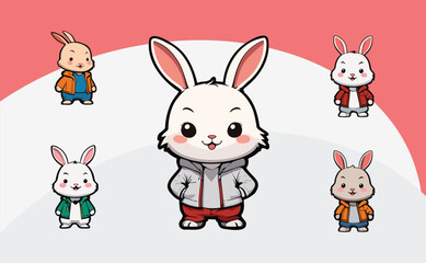 Cartoon rabbits wearing jackets arranged on a peach and white background