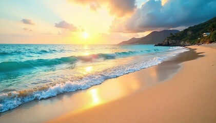 Obraz premium Sun-kissed sand, gentle waves caress the shore, creating a mesmerizing, seductive seascape Perfect for travel, vacation, and relaxation themes A tranquil escape, inviting and serene , holiday, escape