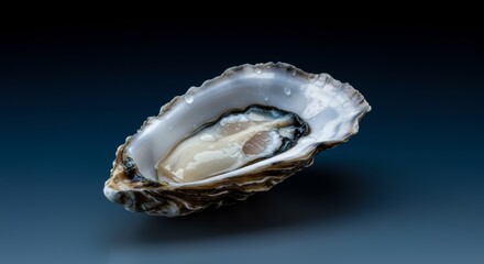 Naklejka premium Pale oyster shell with sea blue gradation with a single oyster open in dramatic lighting