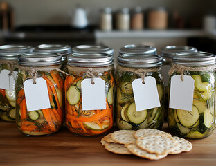 A photo of mason jars filled with pickled vegetables, carrots and zucchini in the foreground, and crackers made from garlic on an oak table, with white blank tags attached to each jar for labels