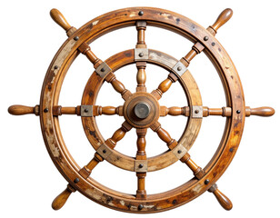  Aged Wooden Ship Helm with Weathered Texture, Top-Angle View, PNG Isolated