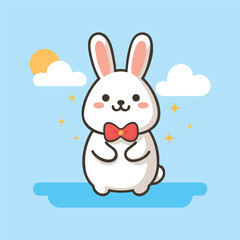 Cute white rabbit with a red bow tie stands on a blue base under a sunny sky with white clouds and sparkling stars