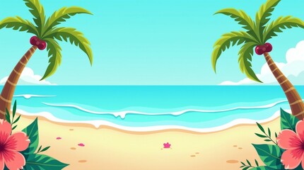 Vibrant Tropical Beach Scene with Palm Trees, Turquoise Ocean and Colorful Hibiscus Flowers - Serene Summer Landscape Background.
