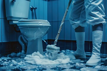 High Quality Picture of a Woman Cleans a Bathroom Toilet with a Scrub Brush