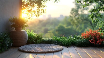 Outdoor patio scene with sunlight and plants
