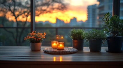 Candles and plants at sunset illustration