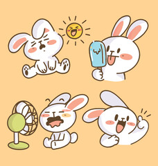 Four cartoon bunnies with varied expressions set against a yellow background with a sun popsicle and fan