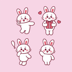 Four cute white bunnies against a pink backdrop