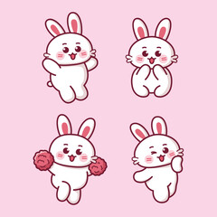 Four cute white rabbits with rosy cheeks in various poses against a solid pink background