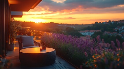 Outdoor terrace at sunset view illustration