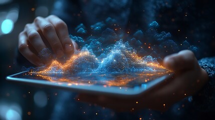 Hands interacting with digital landscape on tablet