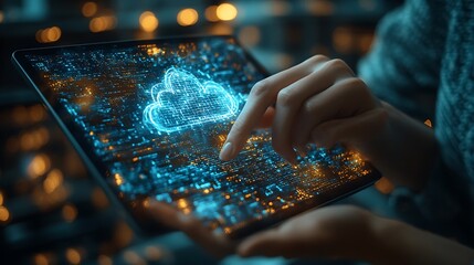 Hands interacting with holographic cloud on tablet