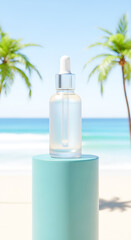 Clear serum bottle elegantly displayed on a teal pedestal with a serene beach and palm trees backdrop