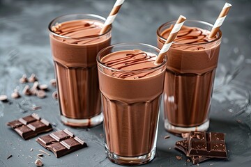 high definition image of Glasses with chocolate milk shakes on grey table