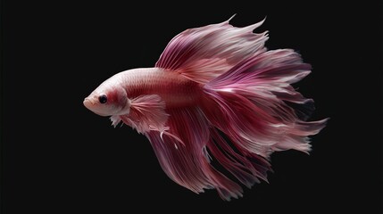 Fototapeta premium Side view of a pink and white Betta fish with flowing fins swimming against a dark background
