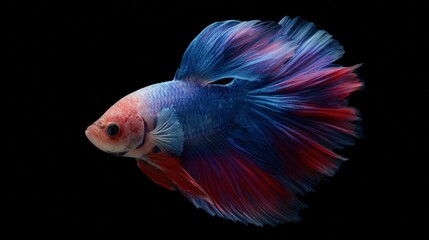 Fototapeta premium Vibrant Siamese fighting fish with flowing fins displaying red and blue hues against a stark black background