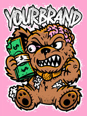 T-shirt design illustration streetwear metalcore band crazy merch teddy bear money brain 