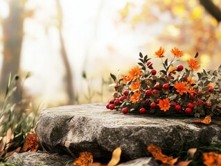 sharp picture of Autumn themed product display podium made of stone with orange flowers red berries rocks and fallen leaves on a blurred forest background. high detail 8k