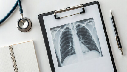 Cancer check lung concept. Chest x ray, stethoscope, clipboard, pen, and notebook white table. Ct screening,health checkup,scan,chest,xray,examination hospital,medical diagnosis,radiology