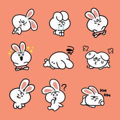 Nine cartoon bunny stickers with various expressions on an orange background